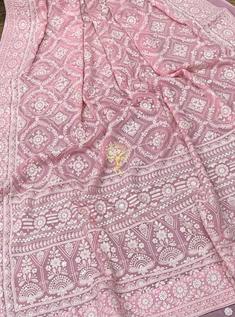 Pink beautiful Chikankari saree - Saffronfashionindia