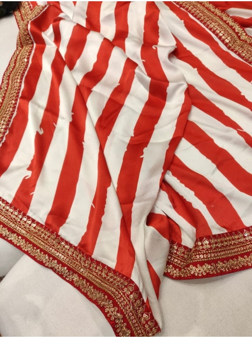 Striped satin saree - Saffronfashionindia