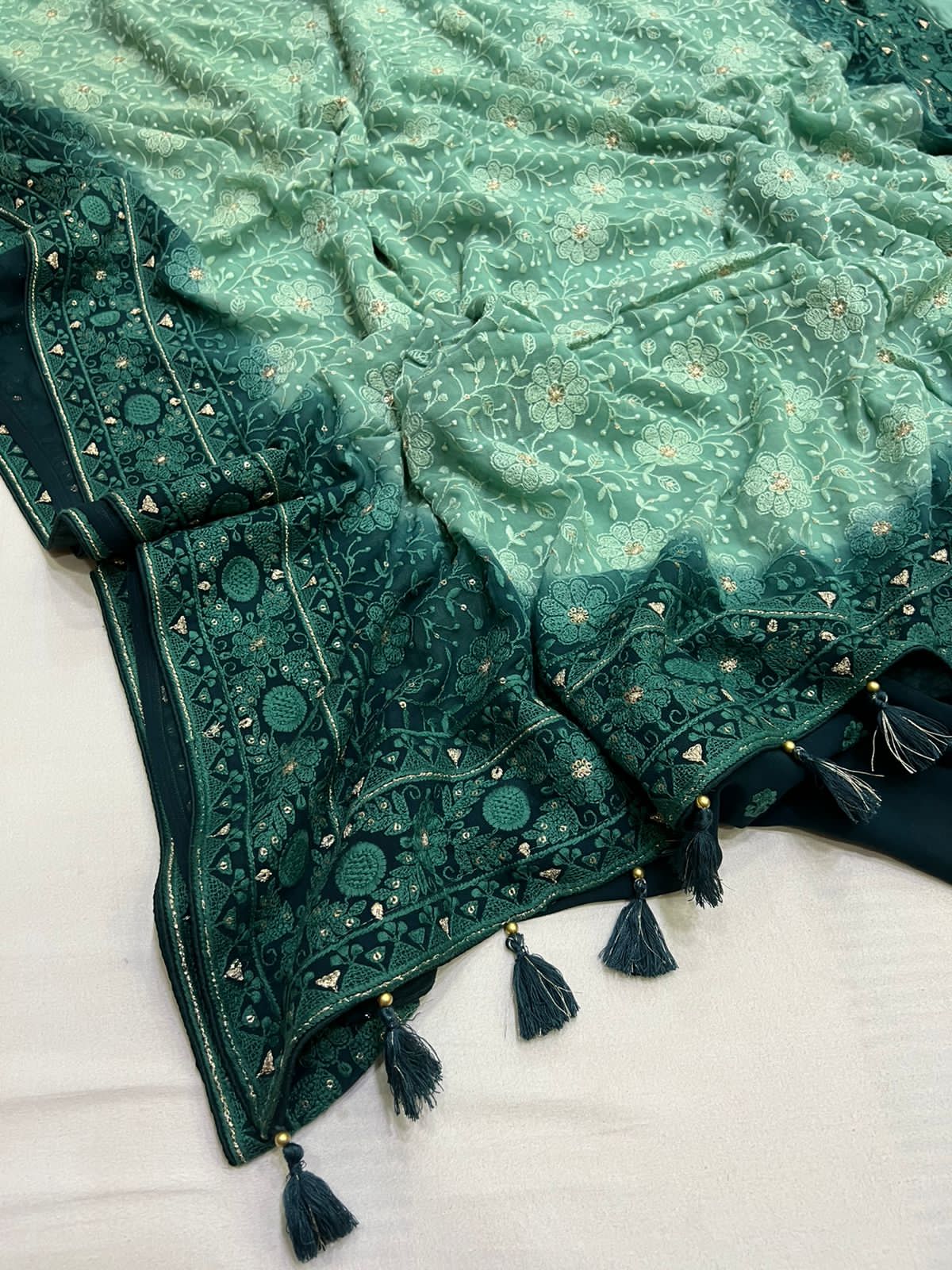 Chikankari gorgette saree - Saffronfashionindia