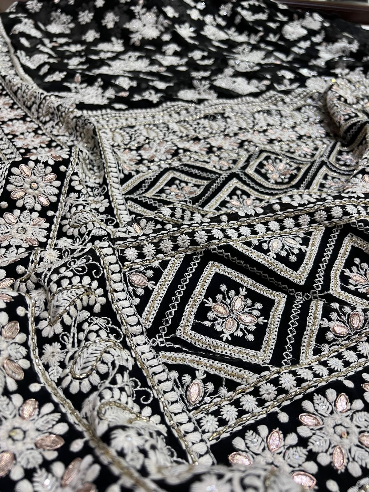 Black white Chikankari gottapatti saree - Saffronfashionindia