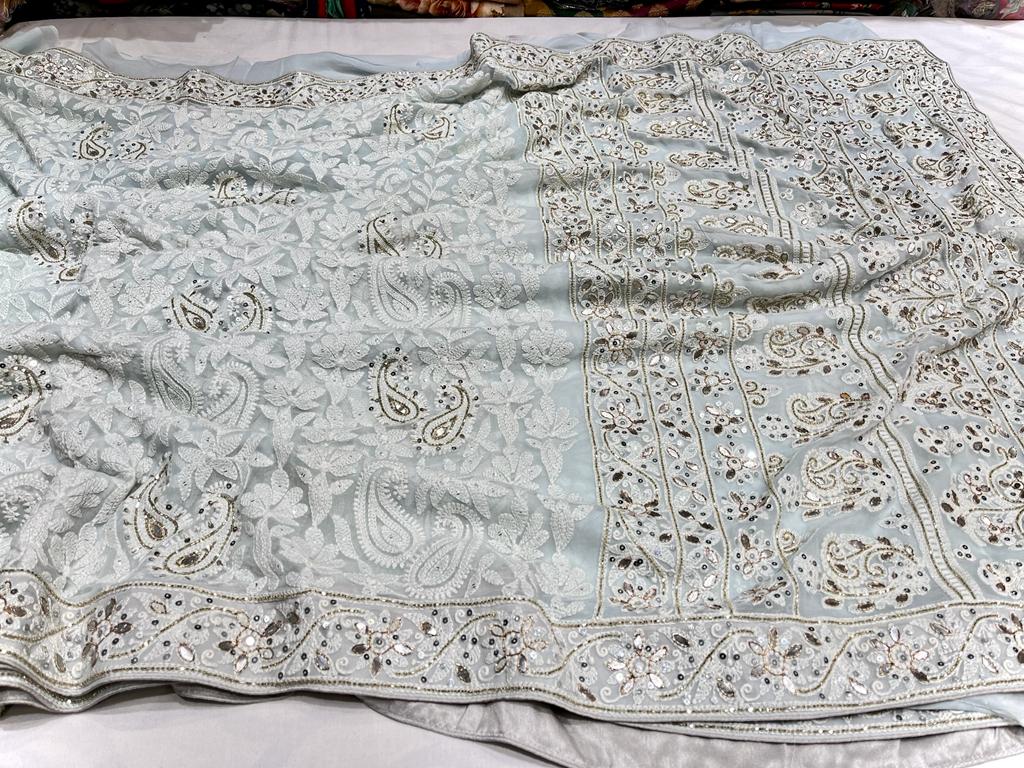 Mahira gorgette Chikankari saree - Saffronfashionindia