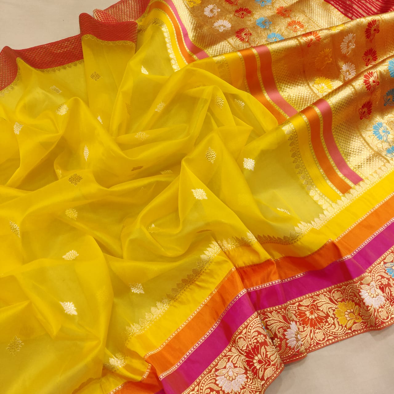 Ranjhana handwoven yellow kora saree - Saffronfashionindia