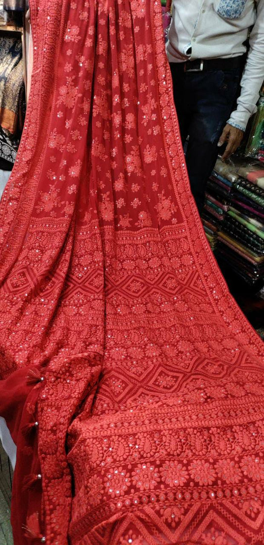 Chikankari gorgette global saree traditional sari Chikankari sari - Saffronfashionindia