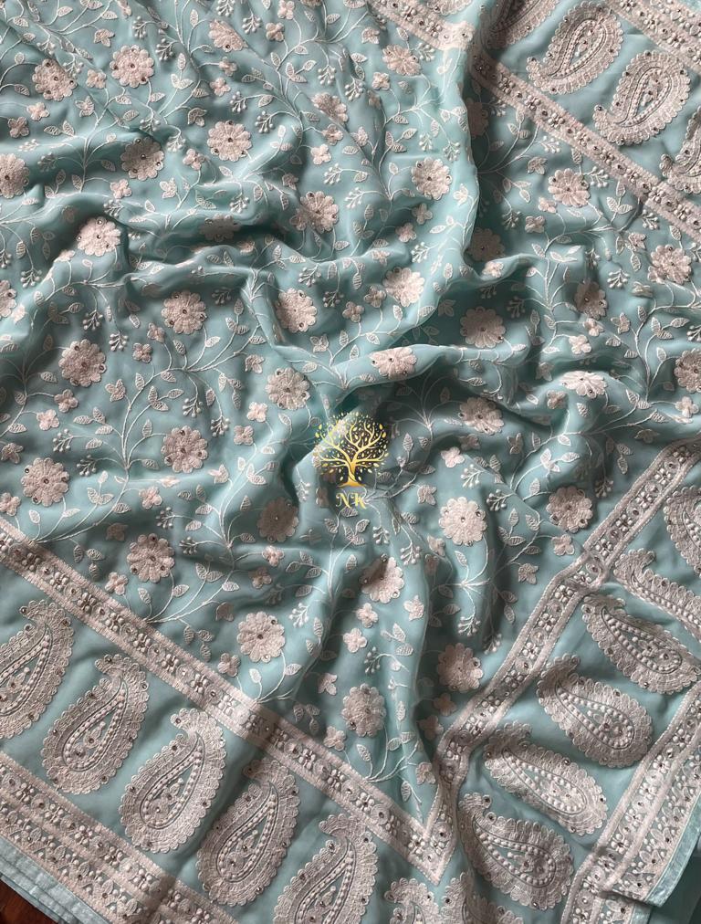 Naisha gorgette Chikankari saree - Saffronfashionindia