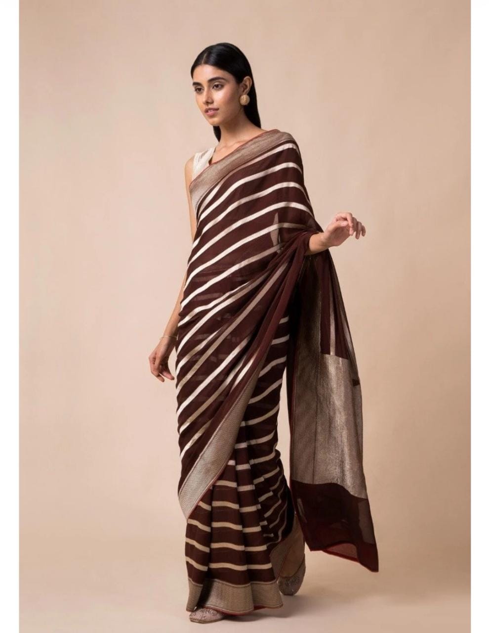 Beautiful striped gorgette saree - Saffronfashionindia