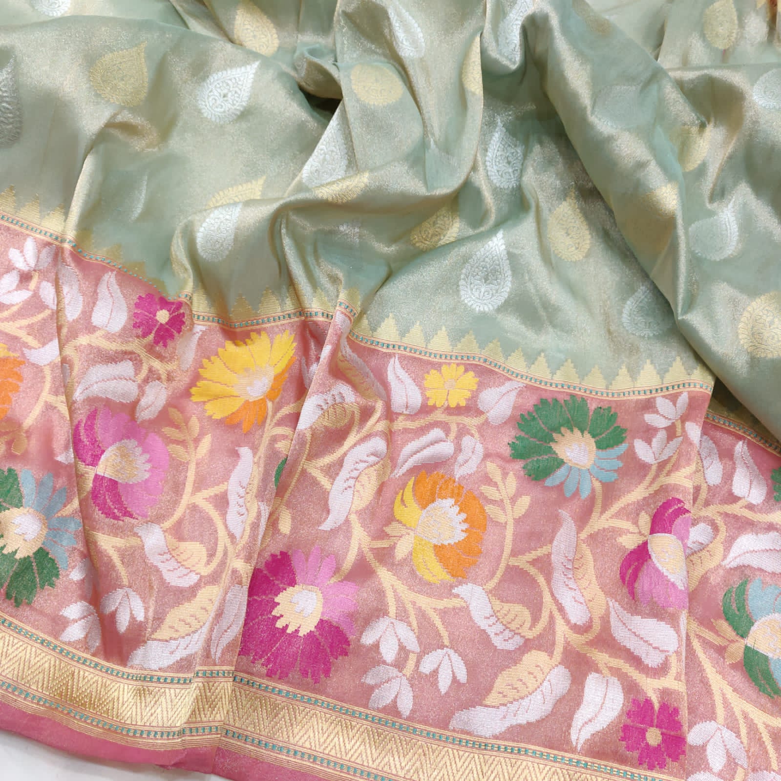 Tissue handwoven Katan saree - Saffronfashionindia