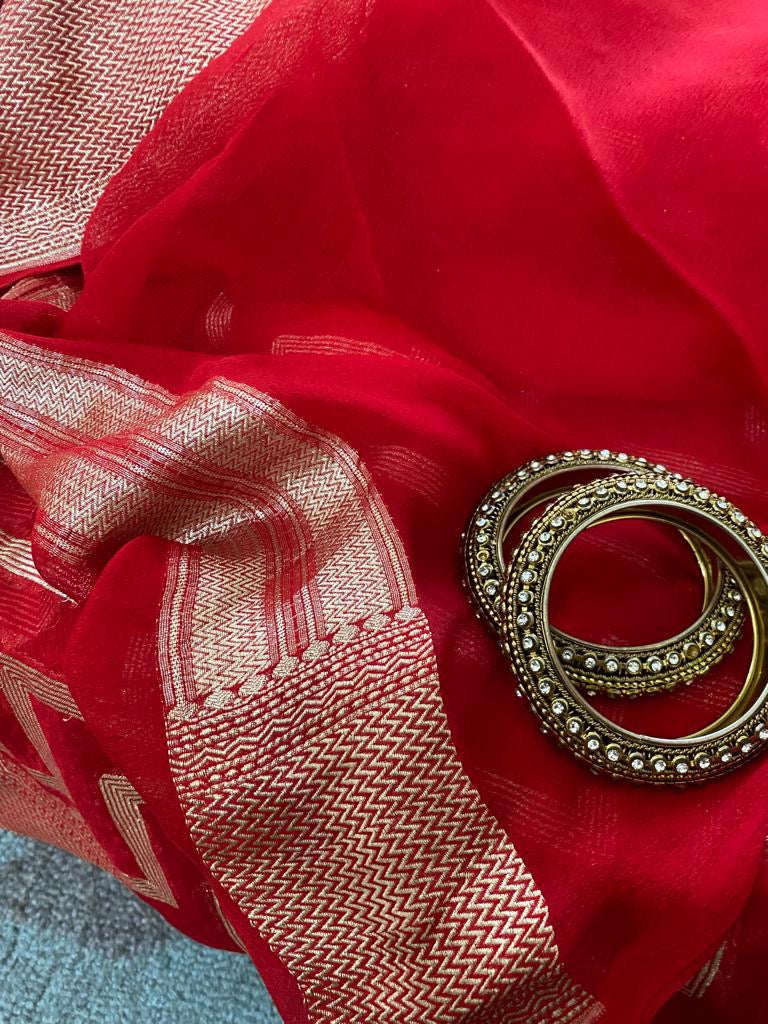 Red Banarsi bridal inspired saree - Saffronfashionindia