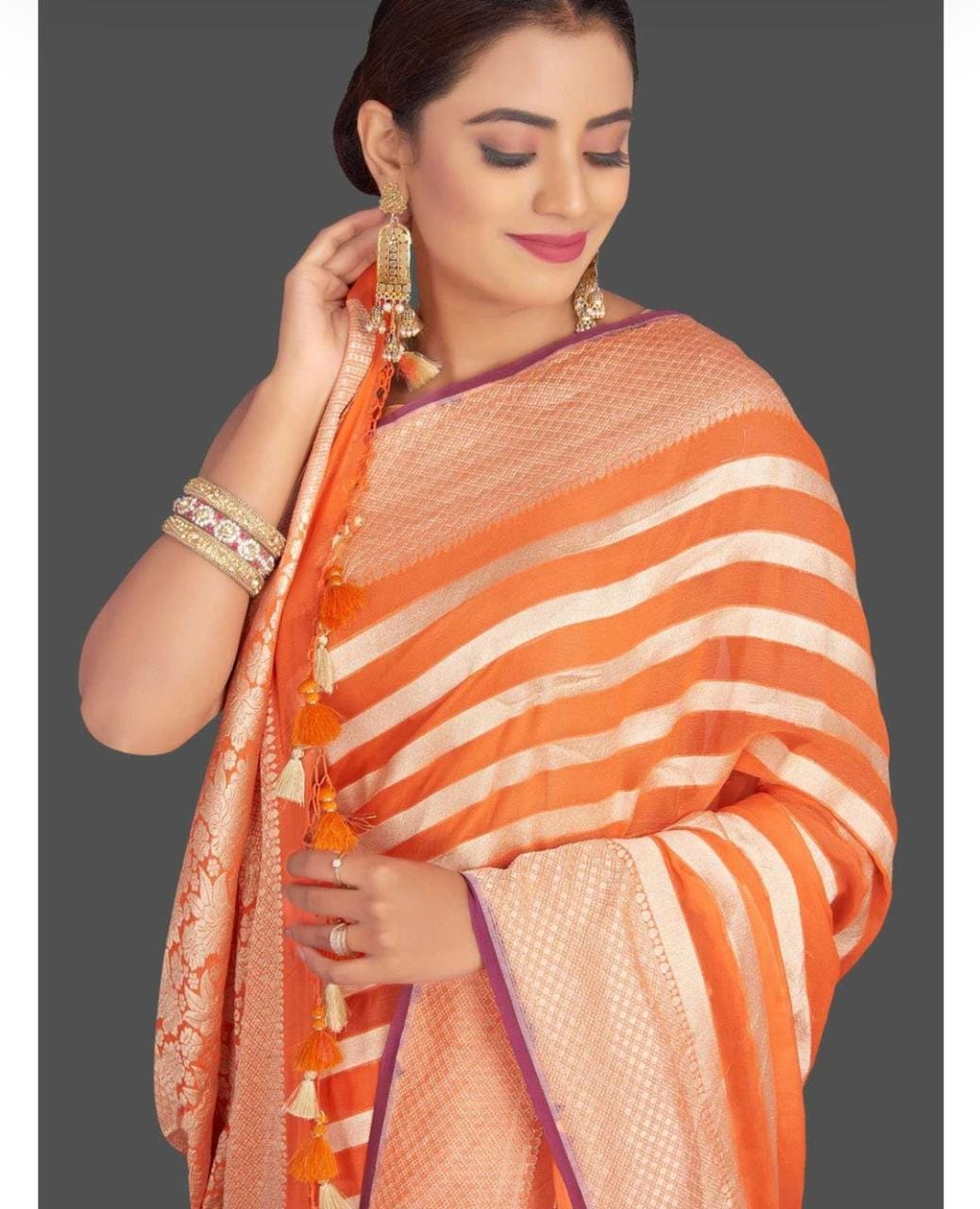 Beautiful striped gorgette saree - Saffronfashionindia