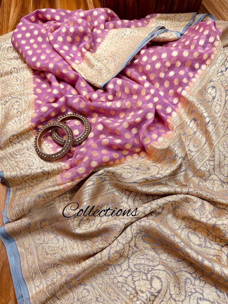 Pink Banarsi handwoven saree - Saffronfashionindia