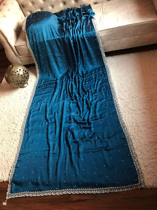 Uvi teal blue partywear saree - Saffronfashionindia