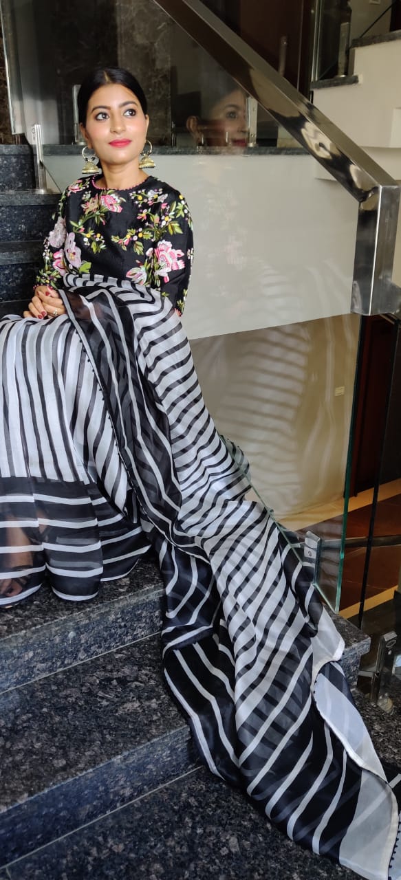 Striped sexy organza saree - Saffronfashionindia