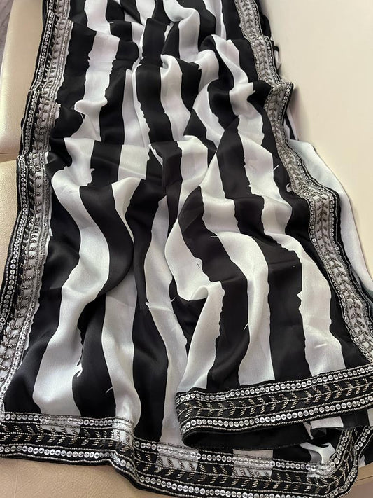 Satin striped partywear saree - Saffronfashionindia