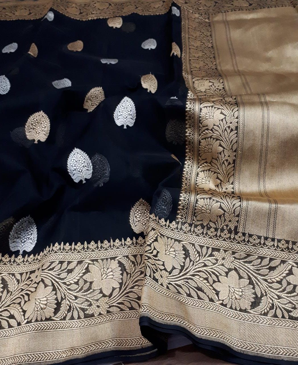 Black kora banarsi saree - Saffronfashionindia