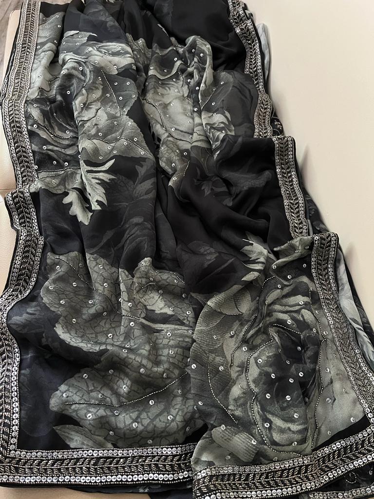 Marzaani satin floral saree - Saffronfashionindia