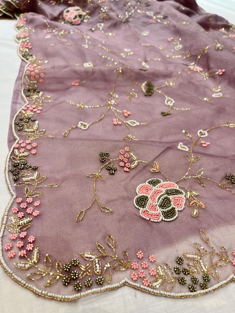 Pearl organza zardosi saree - Saffronfashionindia