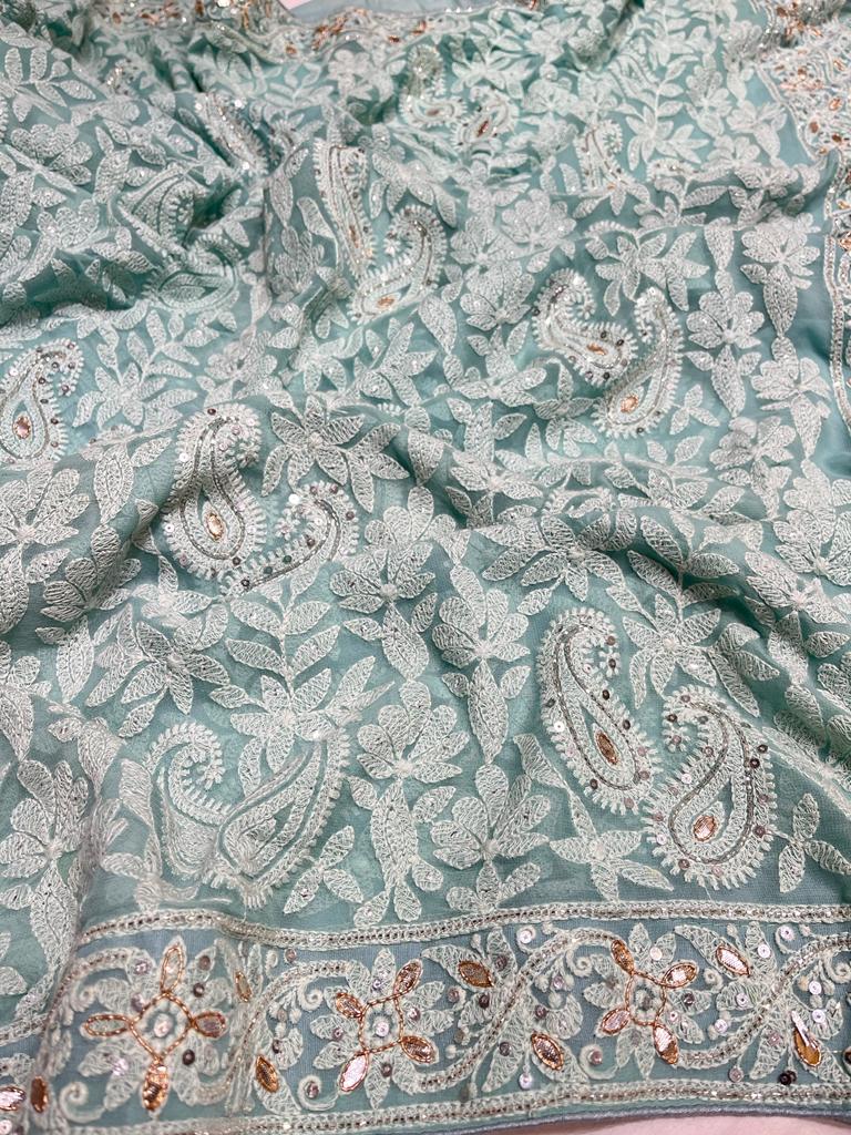Mahira gorgette Chikankari saree - Saffronfashionindia