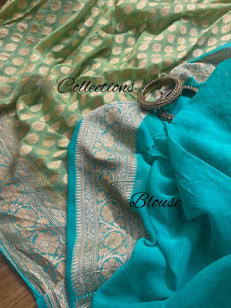 Elegant green khaddi gorgette sari - Saffronfashionindia