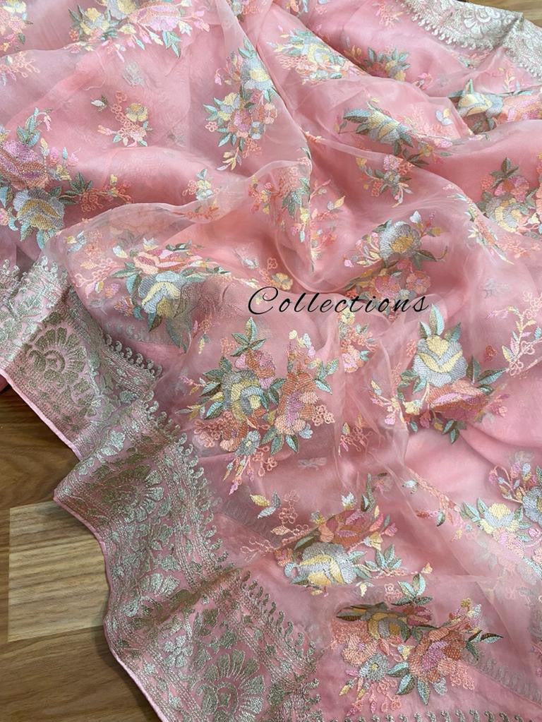 Pink organza embroidery saree - Saffronfashionindia