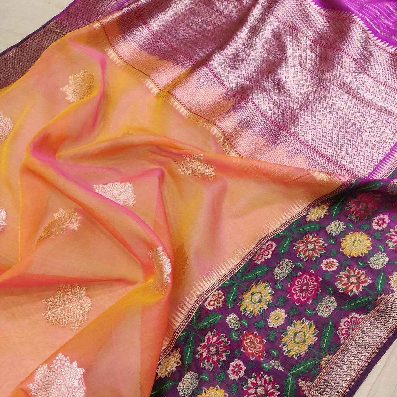 Onisha handwoven kora saree - Saffronfashionindia