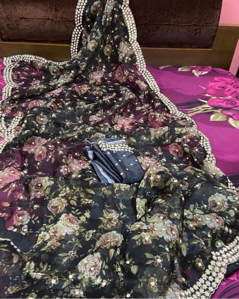 Black organza saree - Saffronfashionindia