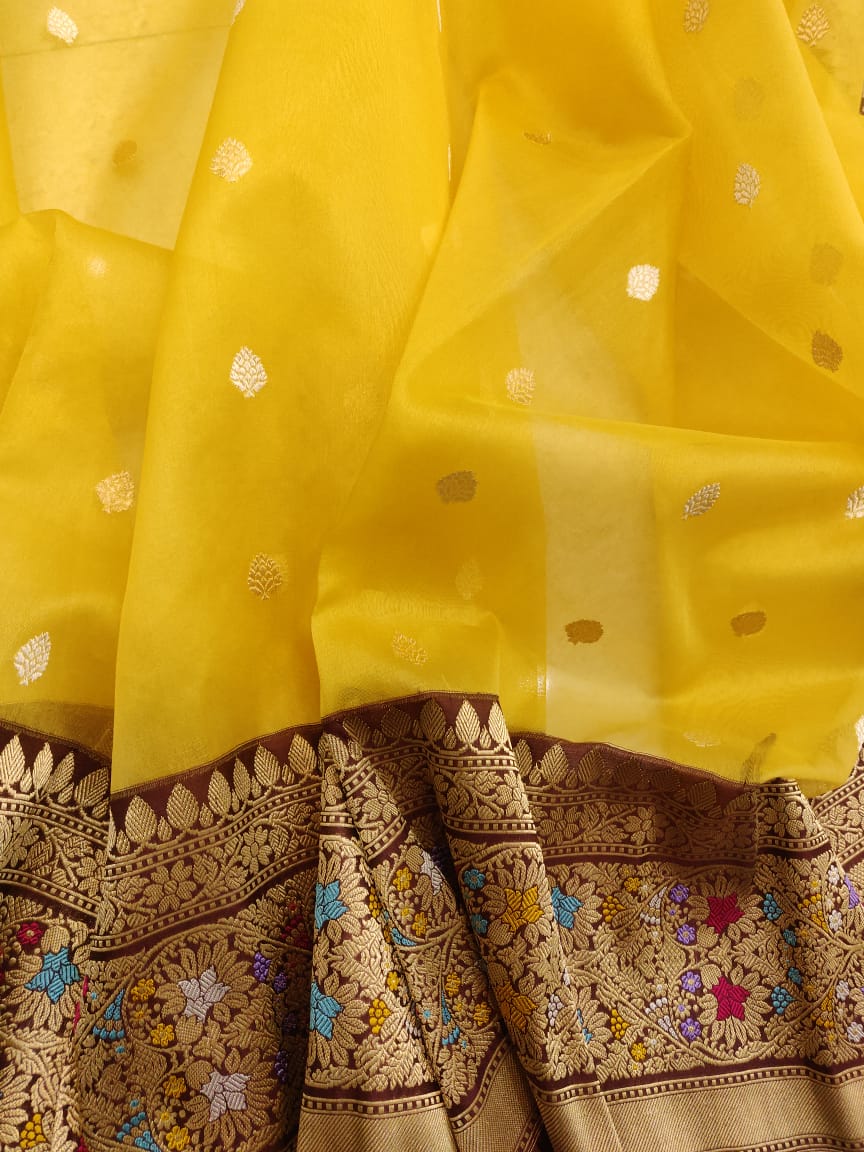 Yellow banarsi handwoven saree - Saffronfashionindia