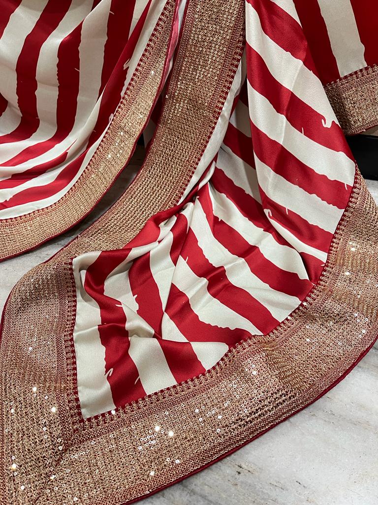 Satin striped saree - Saffronfashionindia