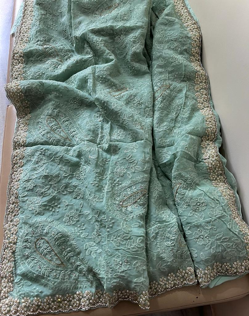 Pearl gorgette jaal saree - Saffronfashionindia