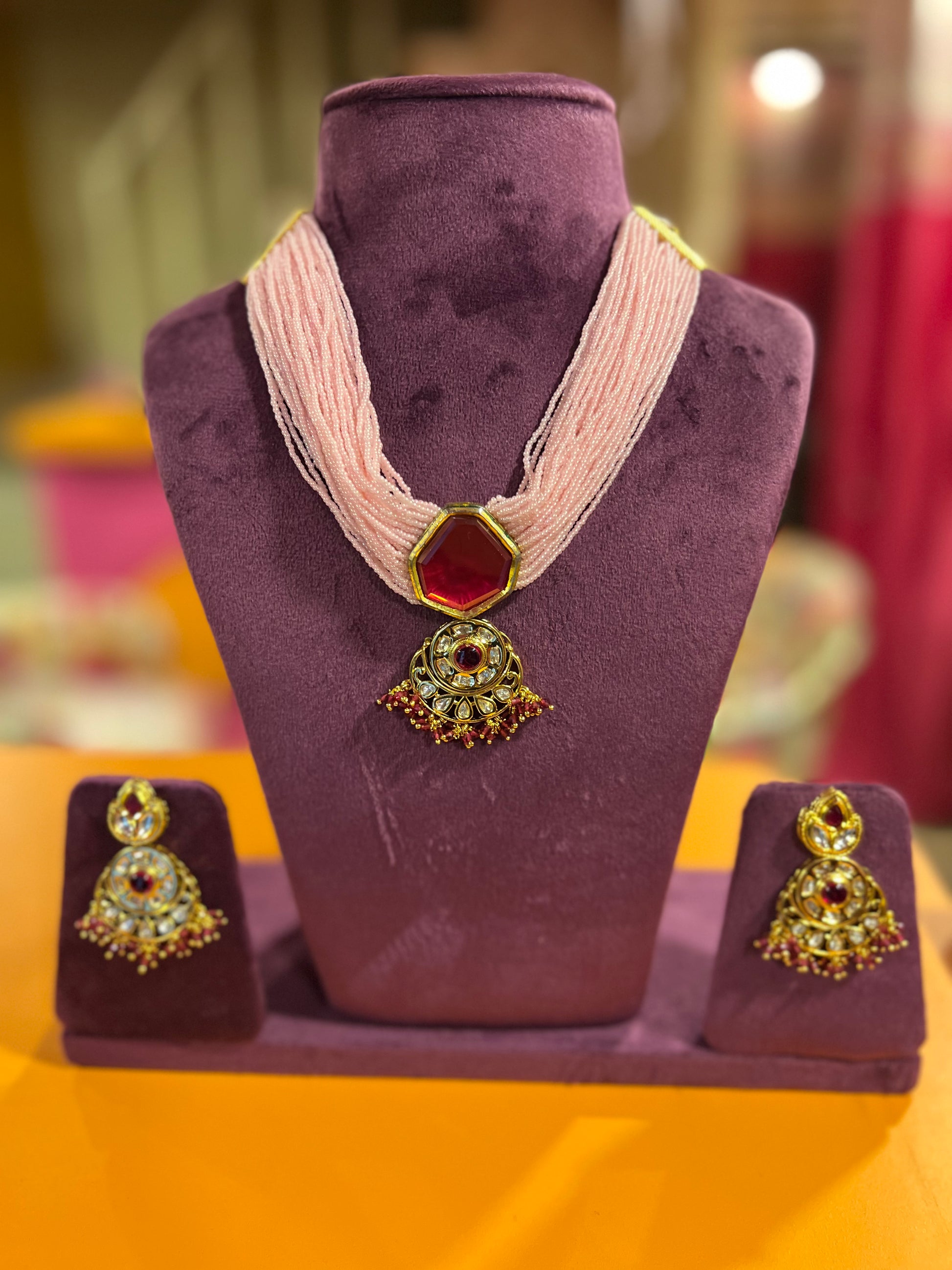 Pink beautiful pearl set Indian jewelry - Saffronfashionindia