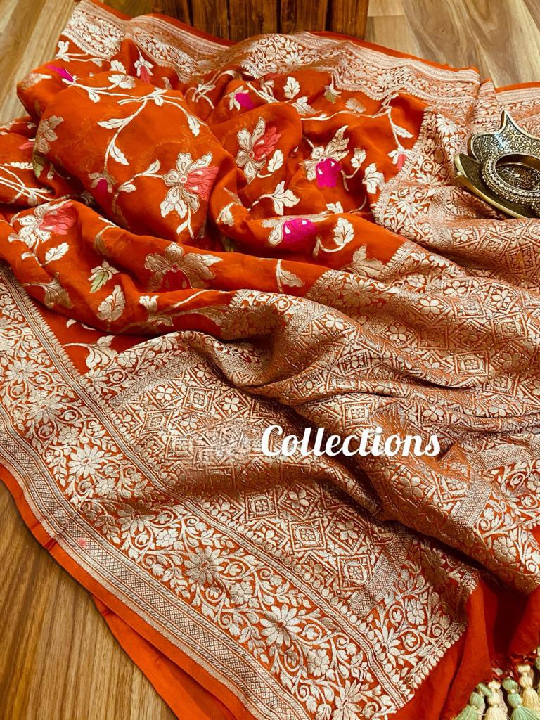 Orange handwoven Banarsi saree - Saffronfashionindia