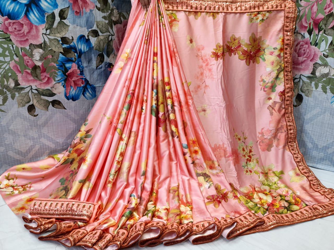 Satin crepe printed saree - Saffronfashionindia