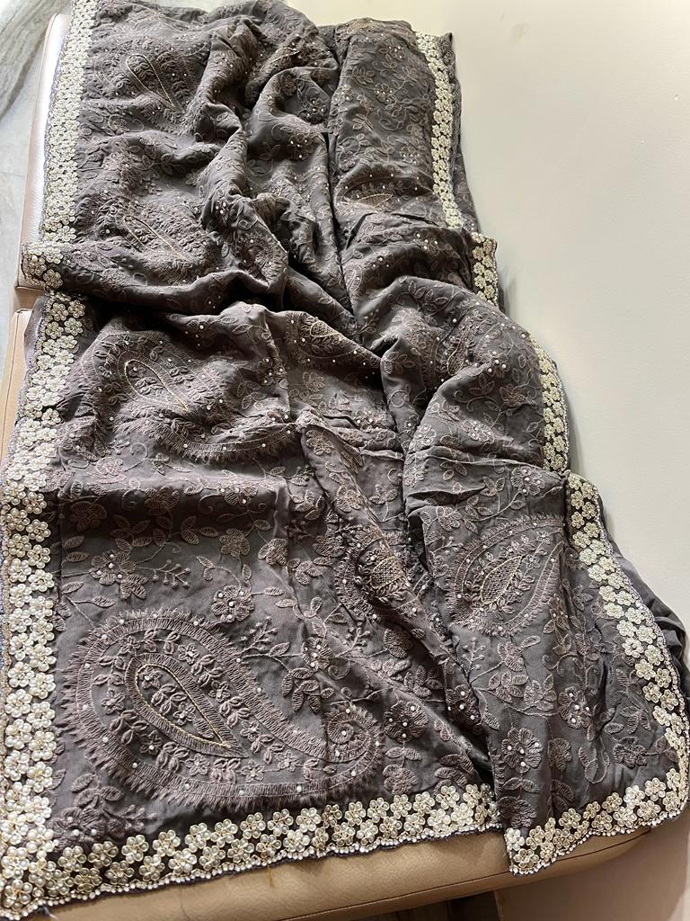 Pearl gorgette jaal saree - Saffronfashionindia