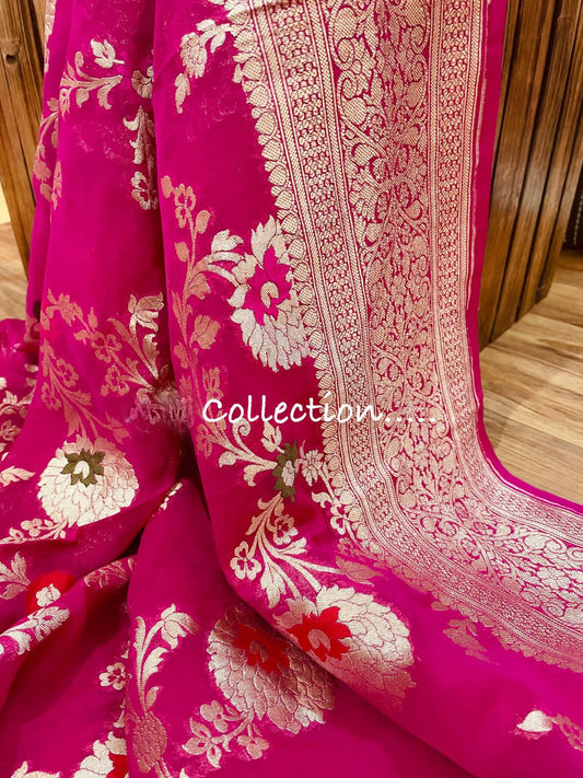 Gulabi handloom gorgette saree/banarsi saree - Saffronfashionindia