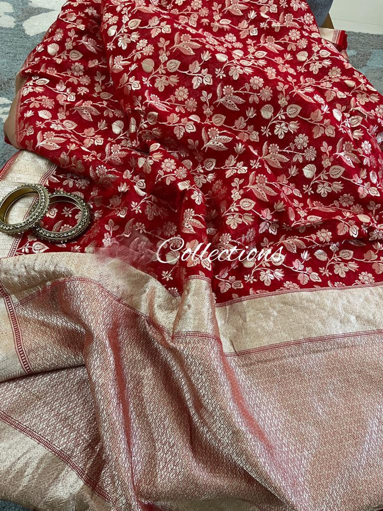 Leela red Banarsi weave saree - Saffronfashionindia