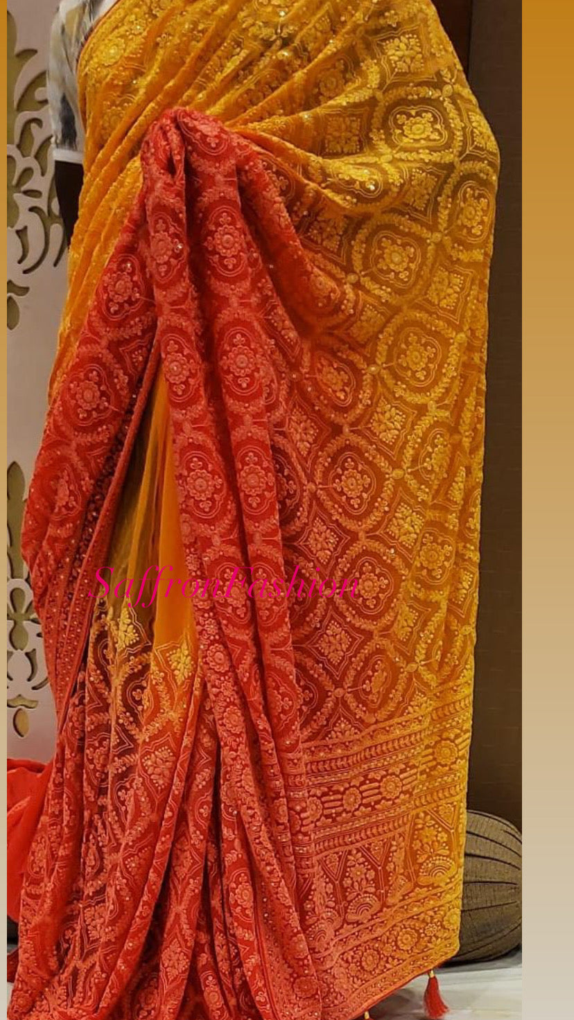 Gorgette Chikankari saree - Saffronfashionindia