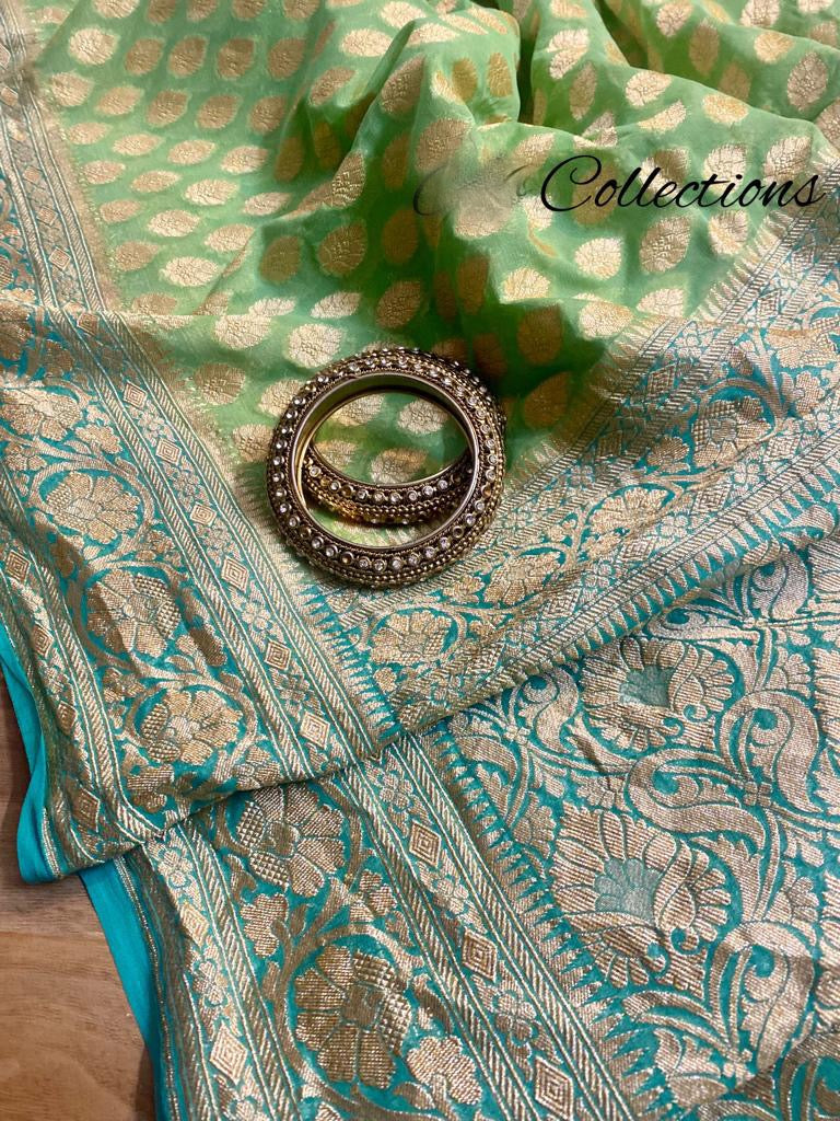 Elegant green khaddi gorgette sari - Saffronfashionindia
