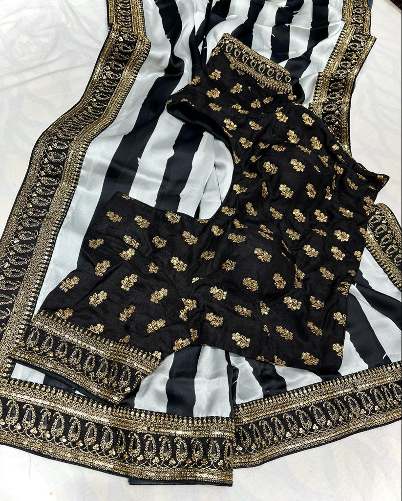 Satin striped zardosi saree - Saffronfashionindia