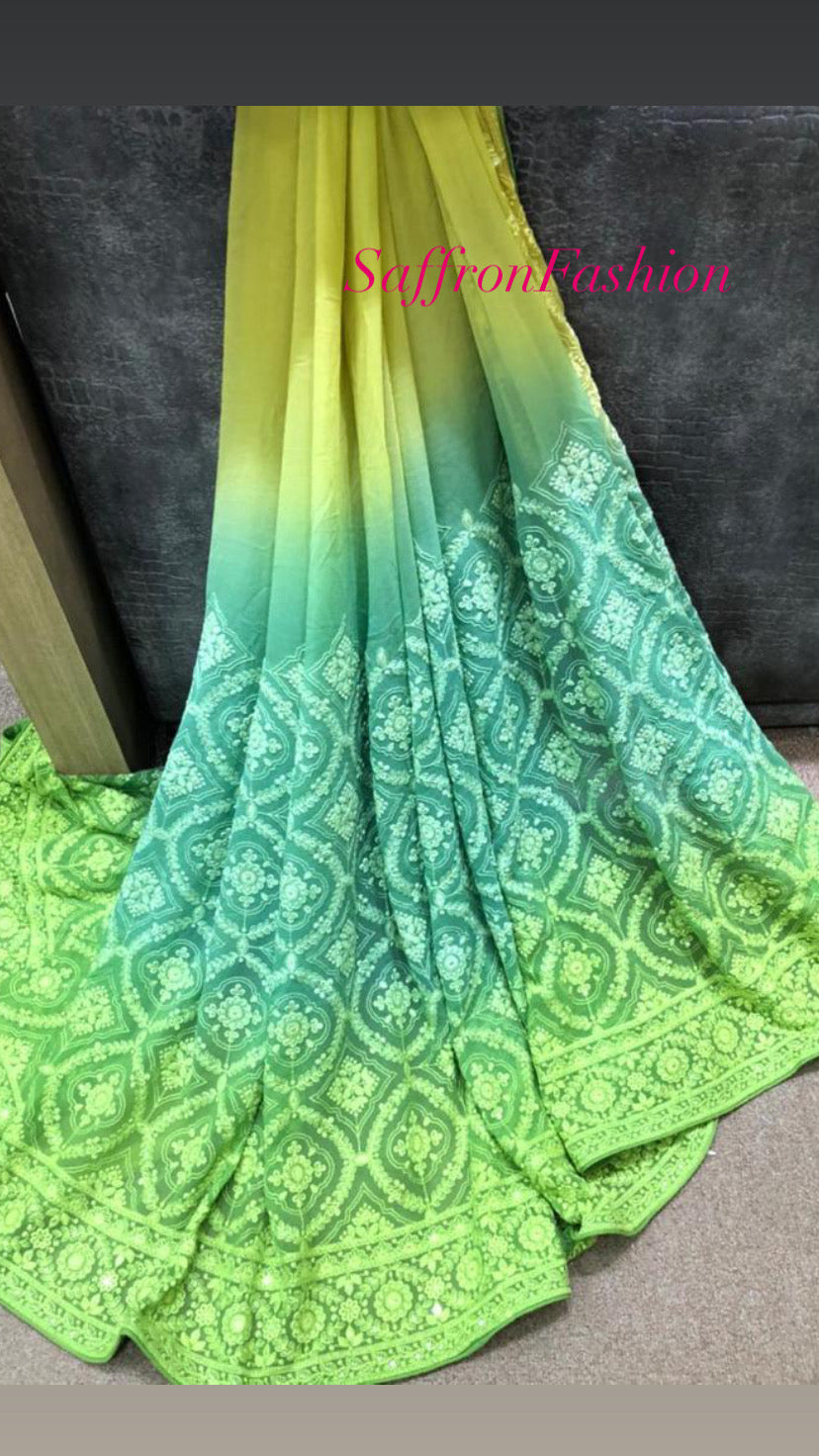 Gorgette Chikankari saree - Saffronfashionindia