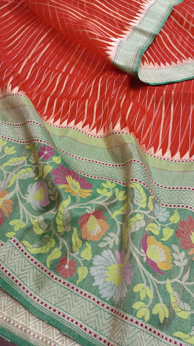 Red kora Meenakari saree - Saffronfashionindia