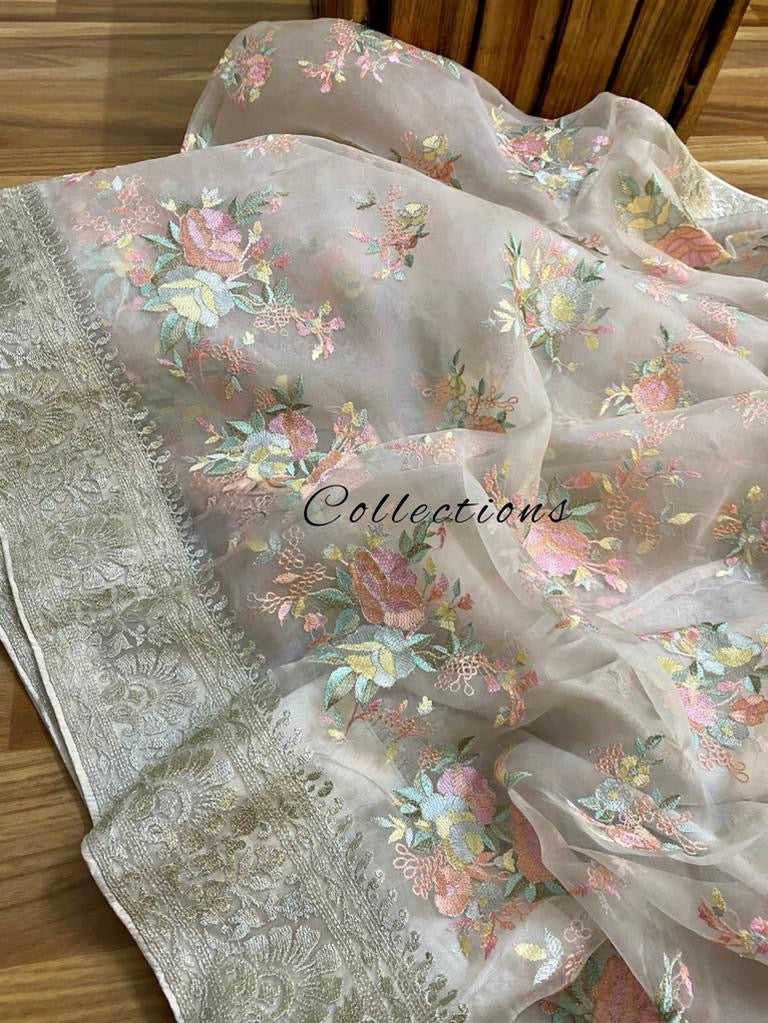 organza embroidery saree - Saffronfashionindia