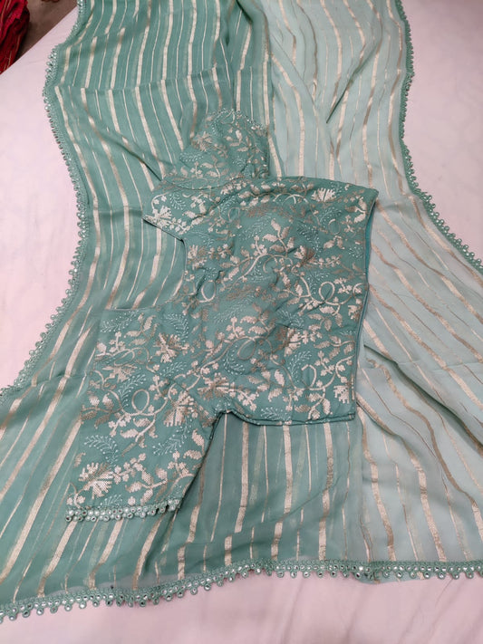 Holly gorgette stripes zari saree - Saffronfashionindia