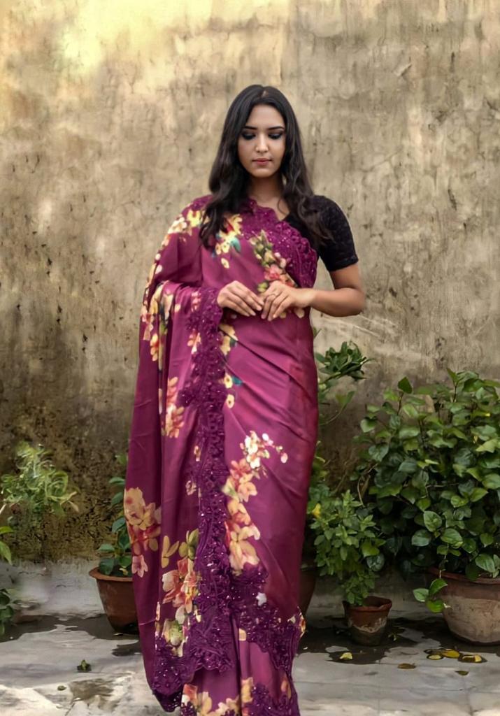 Floral laced saree - Saffronfashionindia