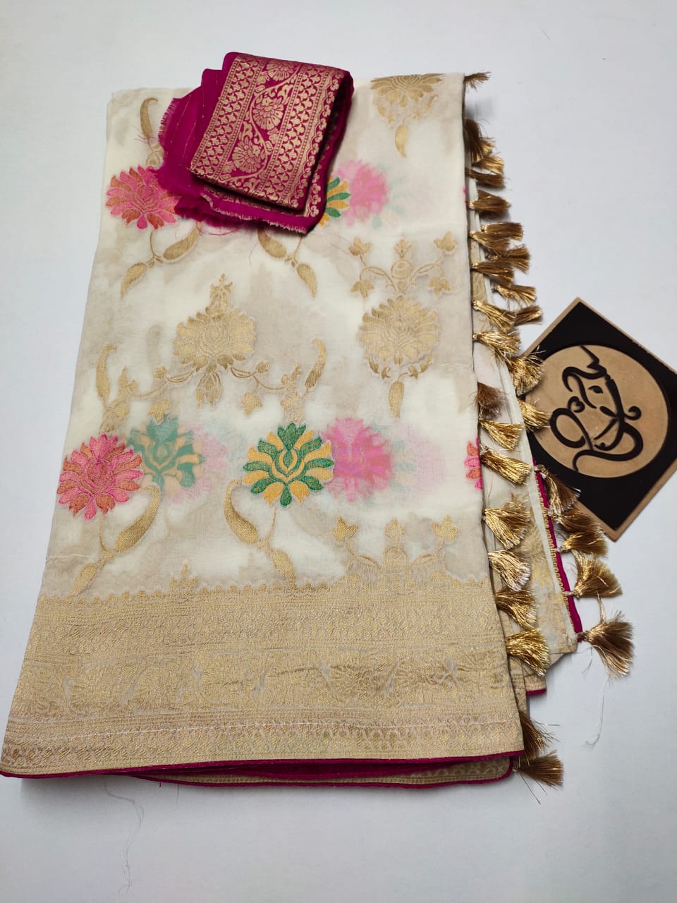 Floral banarsi gorgette saree - Saffronfashionindia
