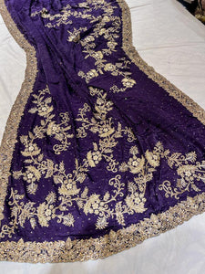 Purple zardosi crepe saree