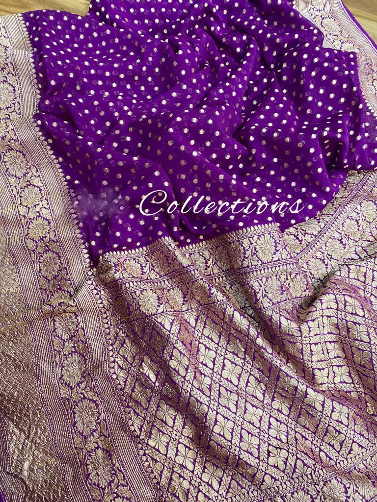 Handwoven Banarsi purple gorgette saree - Saffronfashionindia