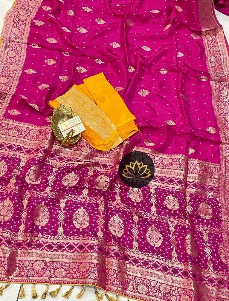 Banarsi moonga bandhani saree - Saffronfashionindia