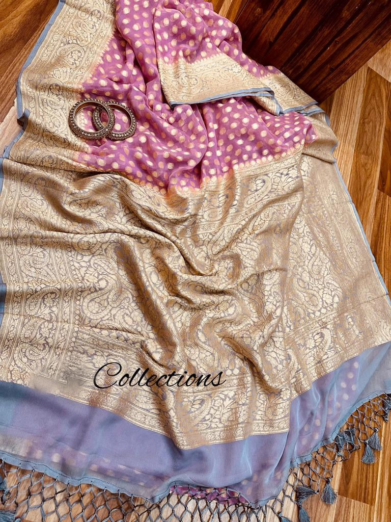 Pink Banarsi handwoven saree - Saffronfashionindia