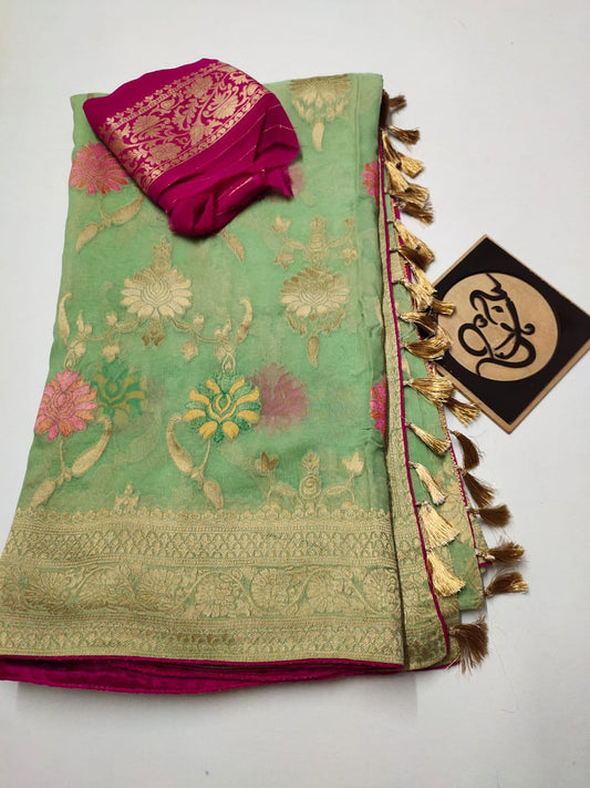 Floral banarsi gorgette saree - Saffronfashionindia
