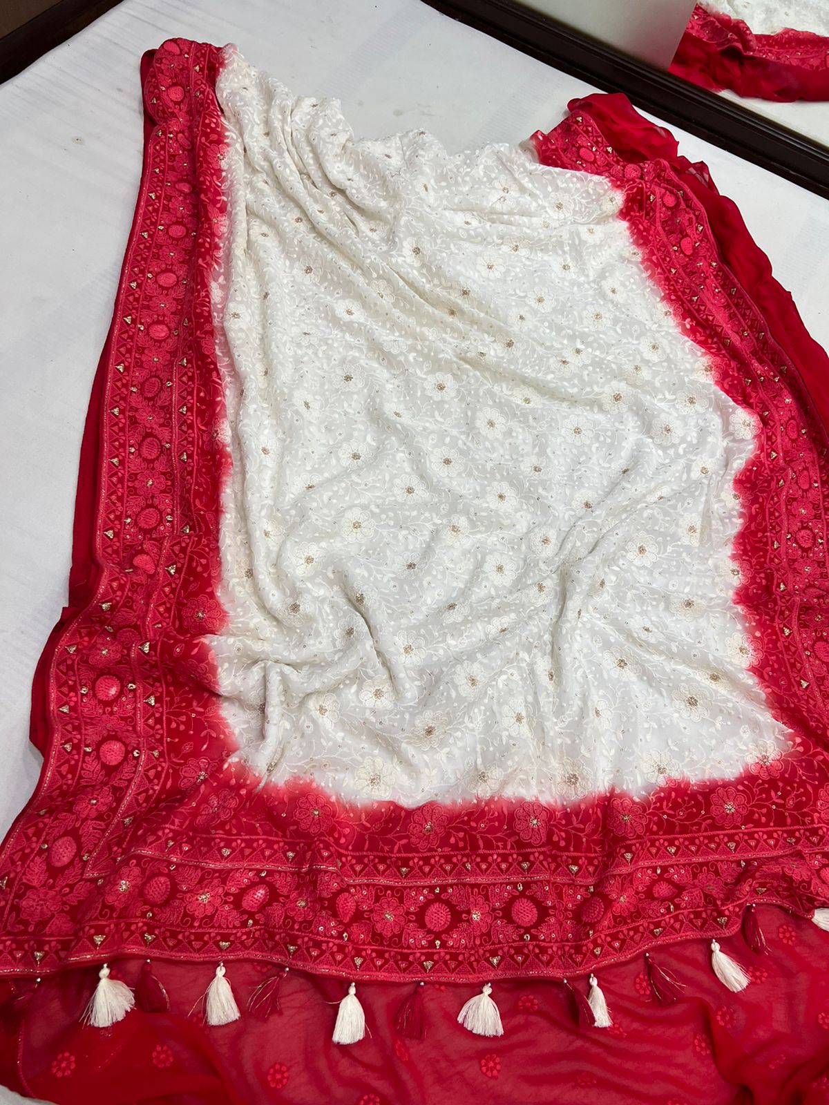 Chikankari gorgette saree - Saffronfashionindia