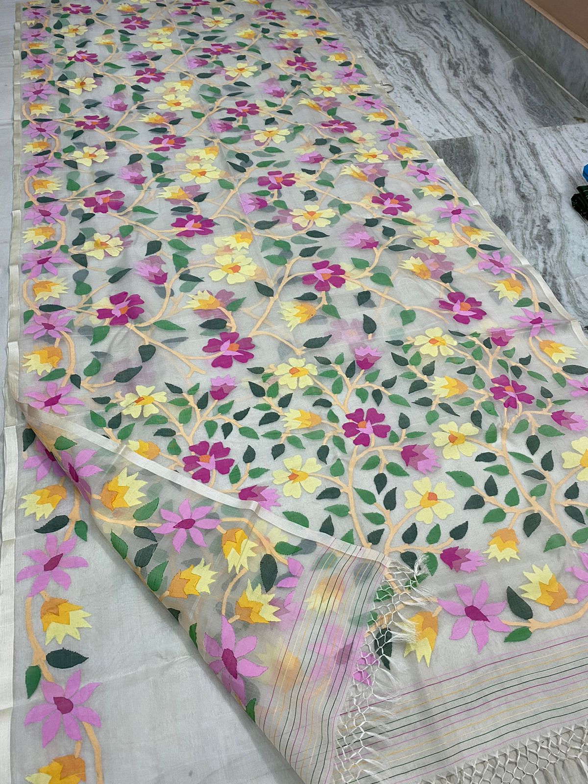 Sunheri muslin jamdani saree - Saffronfashionindia