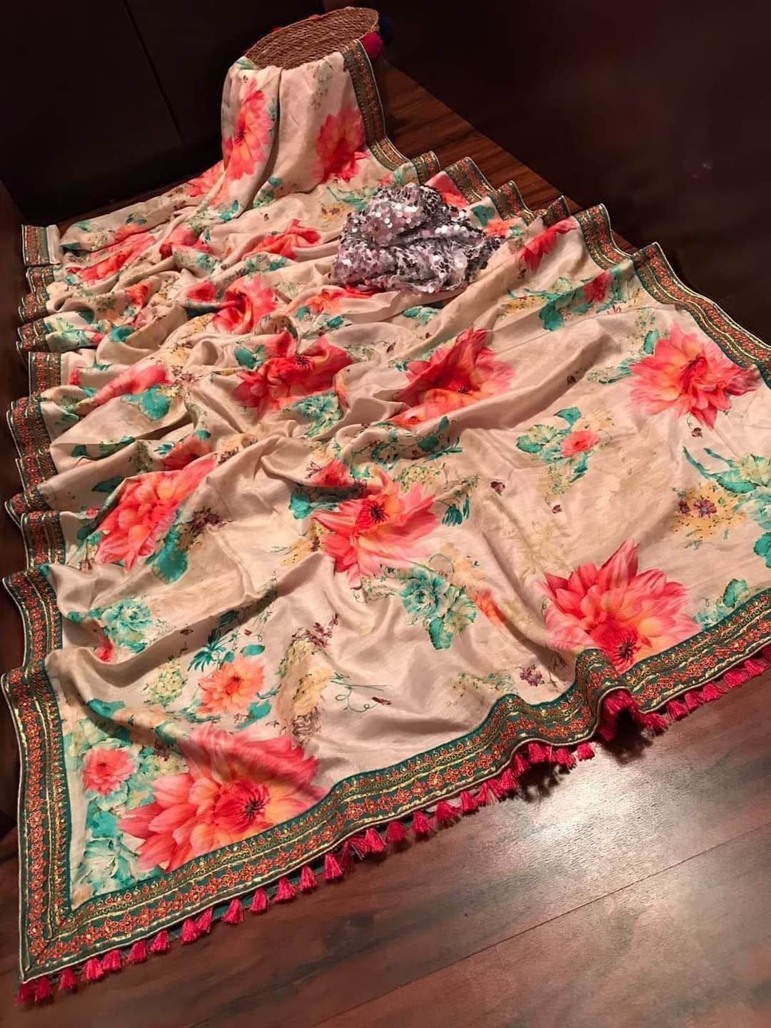 Floral Russian silk crepe saree - Saffronfashionindia